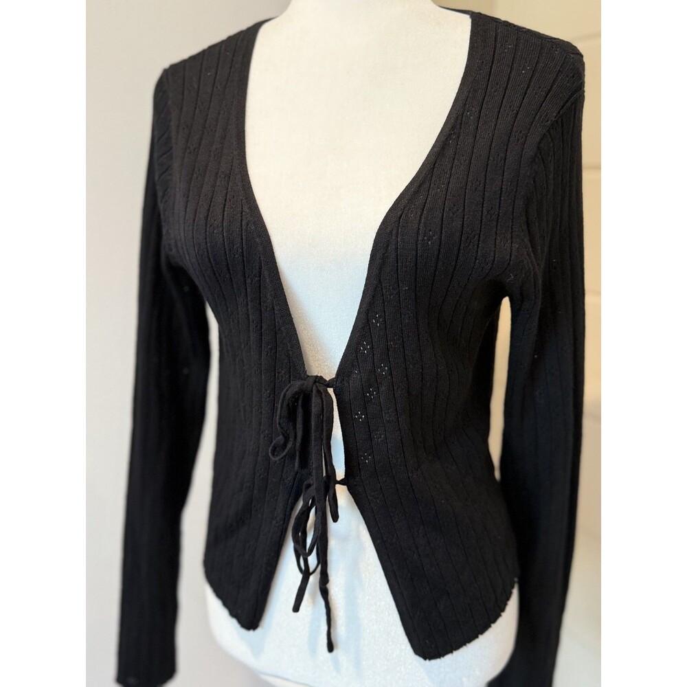Xhilaration Knit Black Cardigan Large Tie Front Y2K Feminine Romantic Coquette